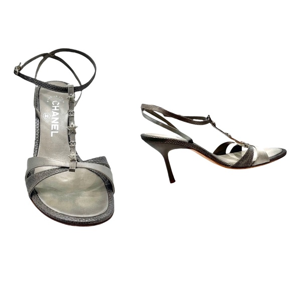 CHANEL LIZARD/SATIN GRAY CRYSTAL STAR & CC LOGO HEELED T-STRAP SANDALS - Picture 1 of 16